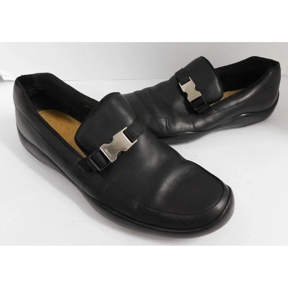 PRADA Silver Side Buckle Black Slip On Loafer - 11 US‎